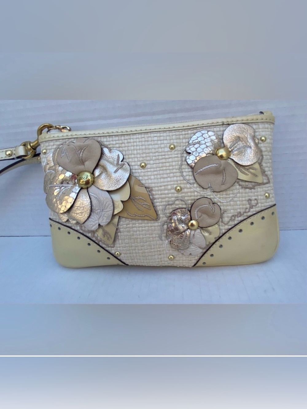 Coach Cream & Gold Floral Applique Wristlet Clutch